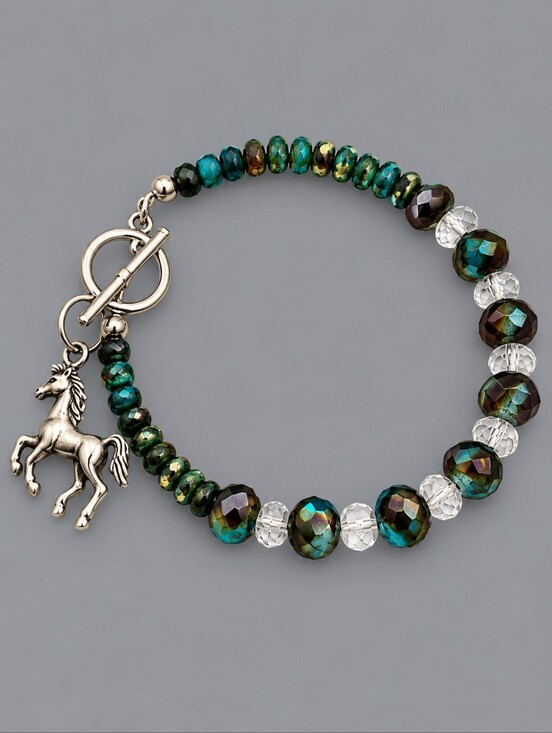 Hand Crafted Jewelry - HANDMADE Czech Glass Bangle Horse Charm Toggle Rodeo Bracelet